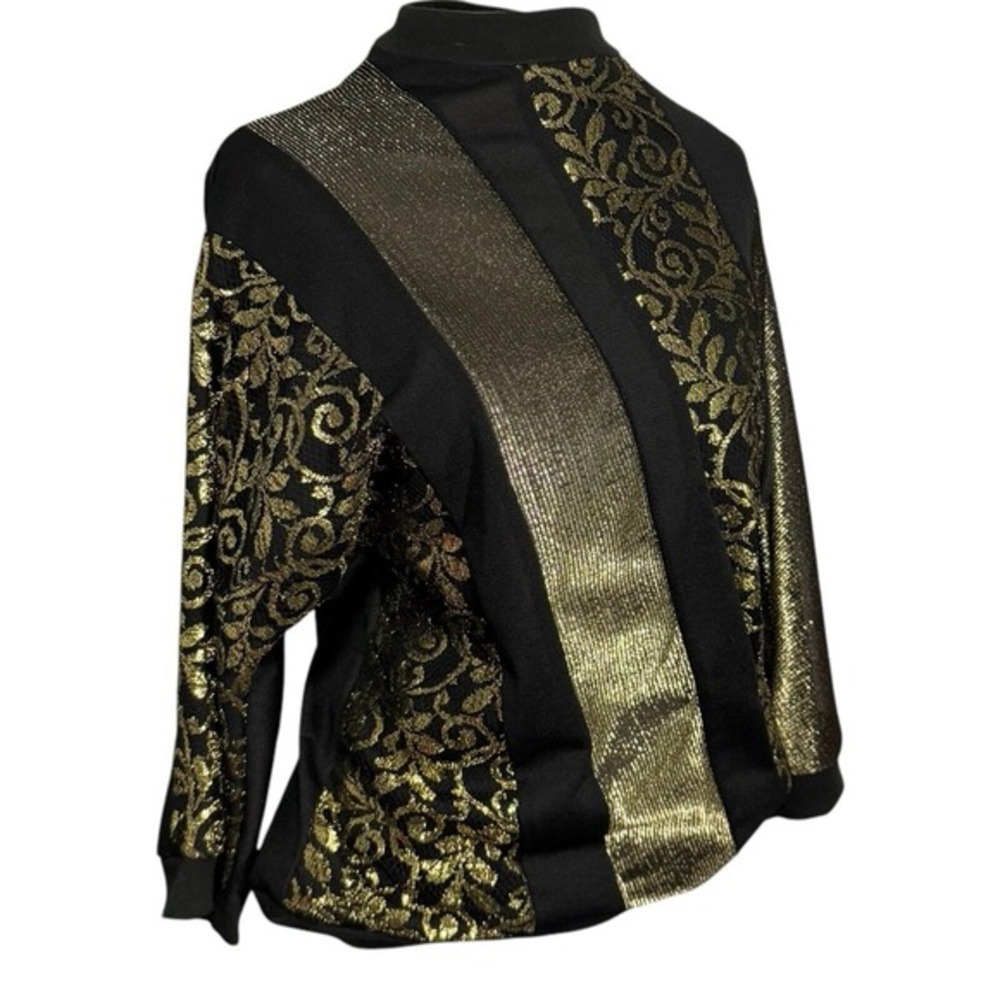 Vintage Top Elements 80's 90's Sheer Gold‎ & Black Metallic Glam Tapestry Blouse